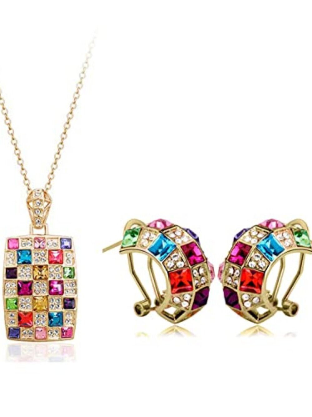 3 Pieces Fashion‎ Noble Women Colorful Crystal Necklace Earrings Set Jewelry